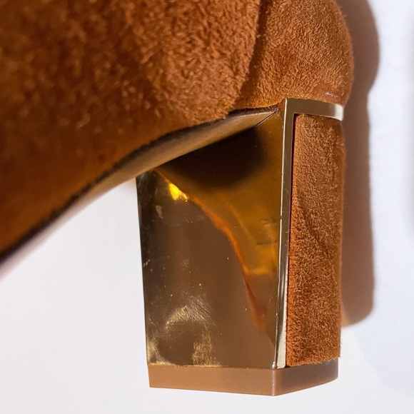 Sezane Lea Camel Brown Suede & Gold Ankle Zipper Boots - Picture 11 of 12